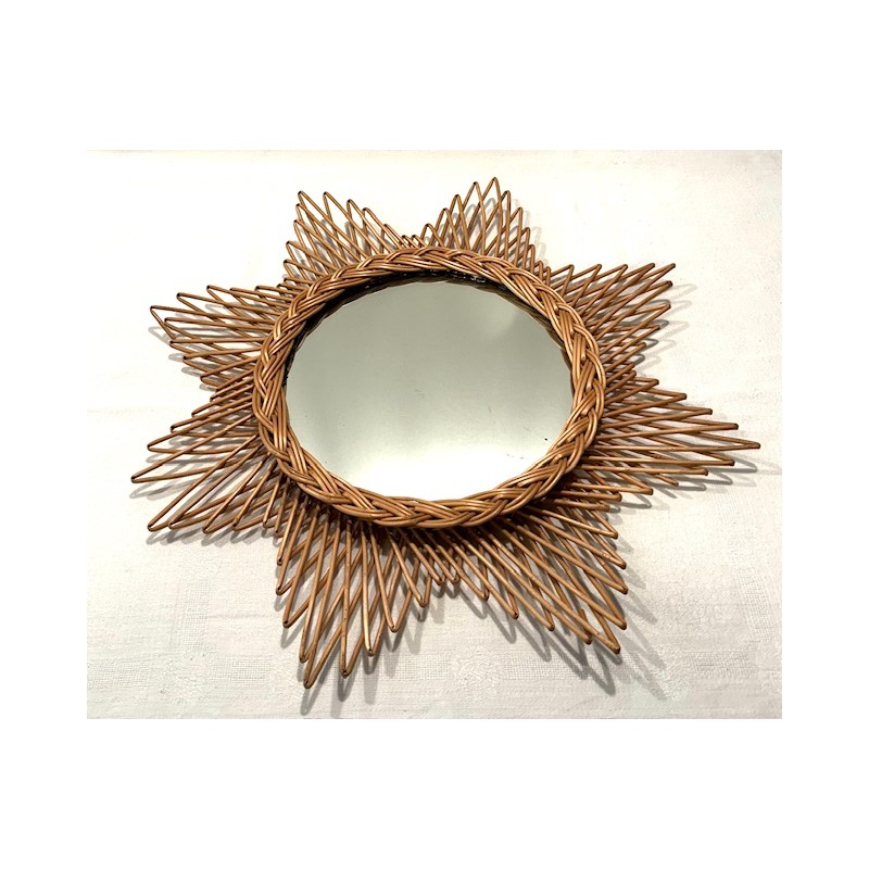 Miroir soleil vintage en rotin