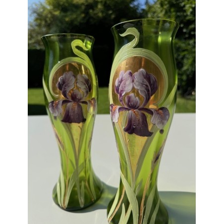 Art Nouveau - Paire de Vases en verre Iris émaillé