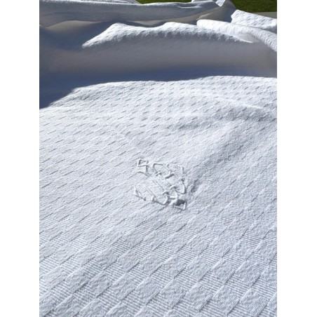 Très grande nappe rectangulaire en coton blanc damassé