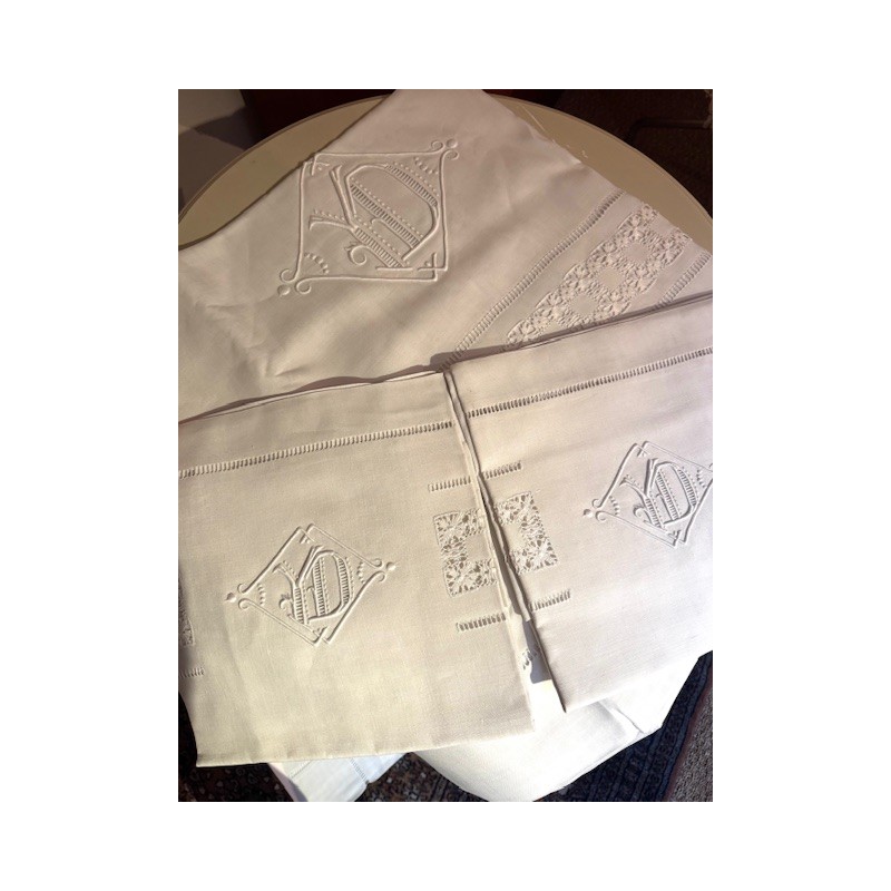 Linge Ancien - Drap et taies d'oreillers en lin blanc