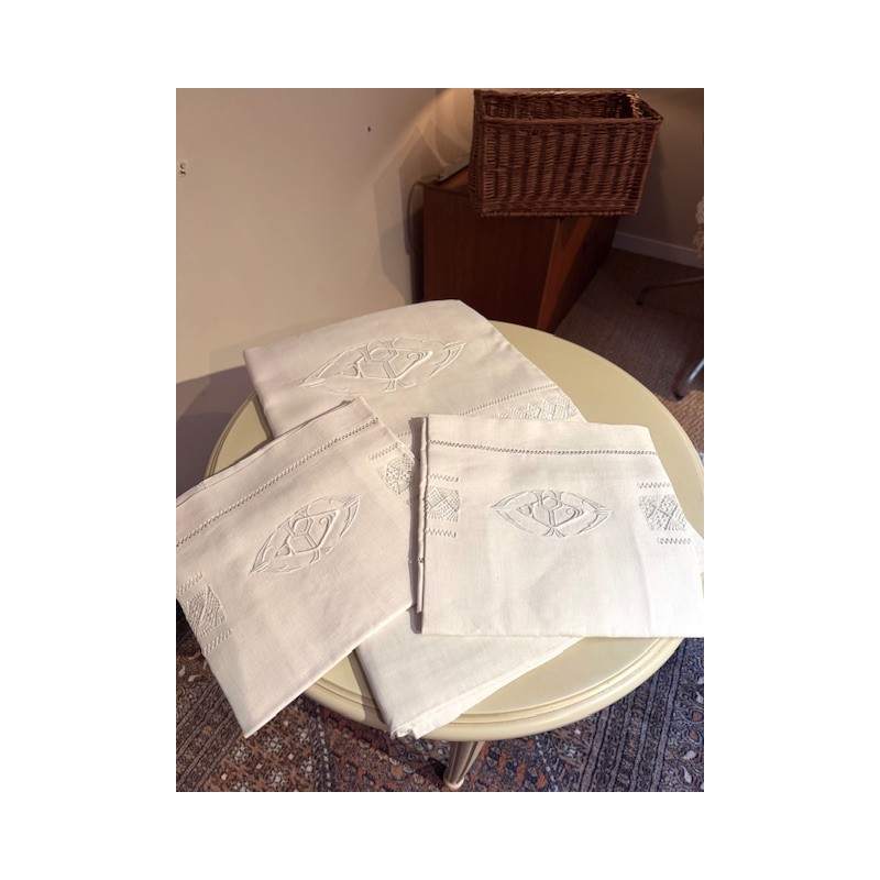 Linge ancien - Drap et paire de taies en lin blanc