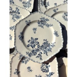 Terre de Fer - Série de 16 assiettes octogonales au décor floral bleu