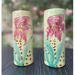 Art Nouveau -Paire de vases rouleau en faïence émaillée